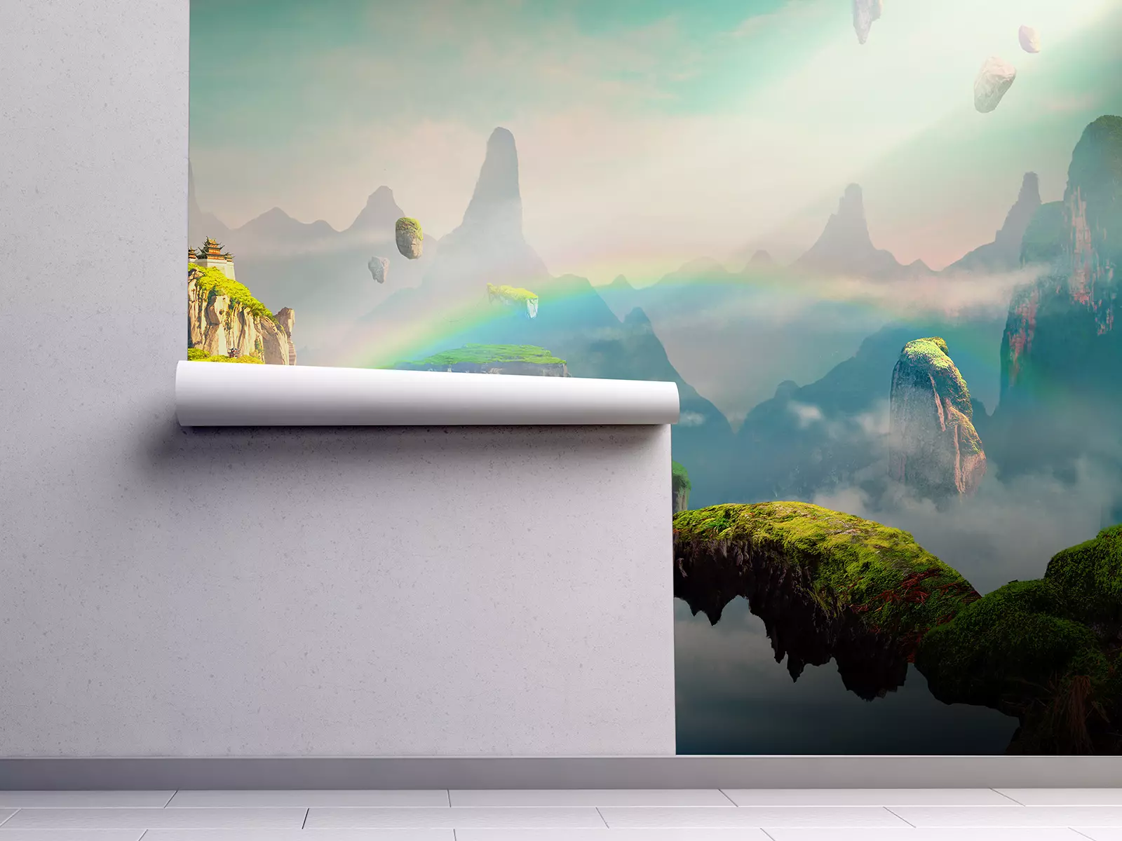 Chinese‑style fantasy scene rendered in 3D, showing a dreamlike landscape with ornate rooftops, mist‑covered mountains, floating platforms, and soft pastel hues, created as a decorative mural‑style digital artwork for wall décor and large‑format prints.