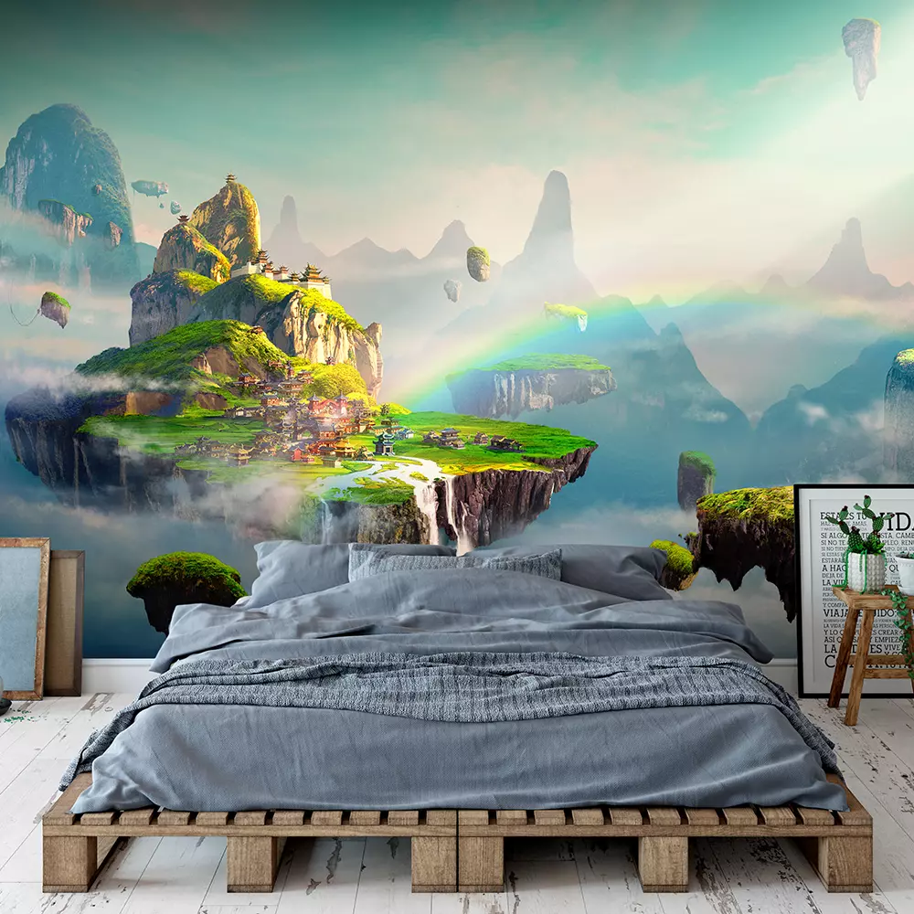 Chinese‑style fantasy scene rendered in 3D, showing a dreamlike landscape with ornate rooftops, mist‑covered mountains, floating platforms, and soft pastel hues, created as a decorative mural‑style digital artwork for wall décor and large‑format prints.