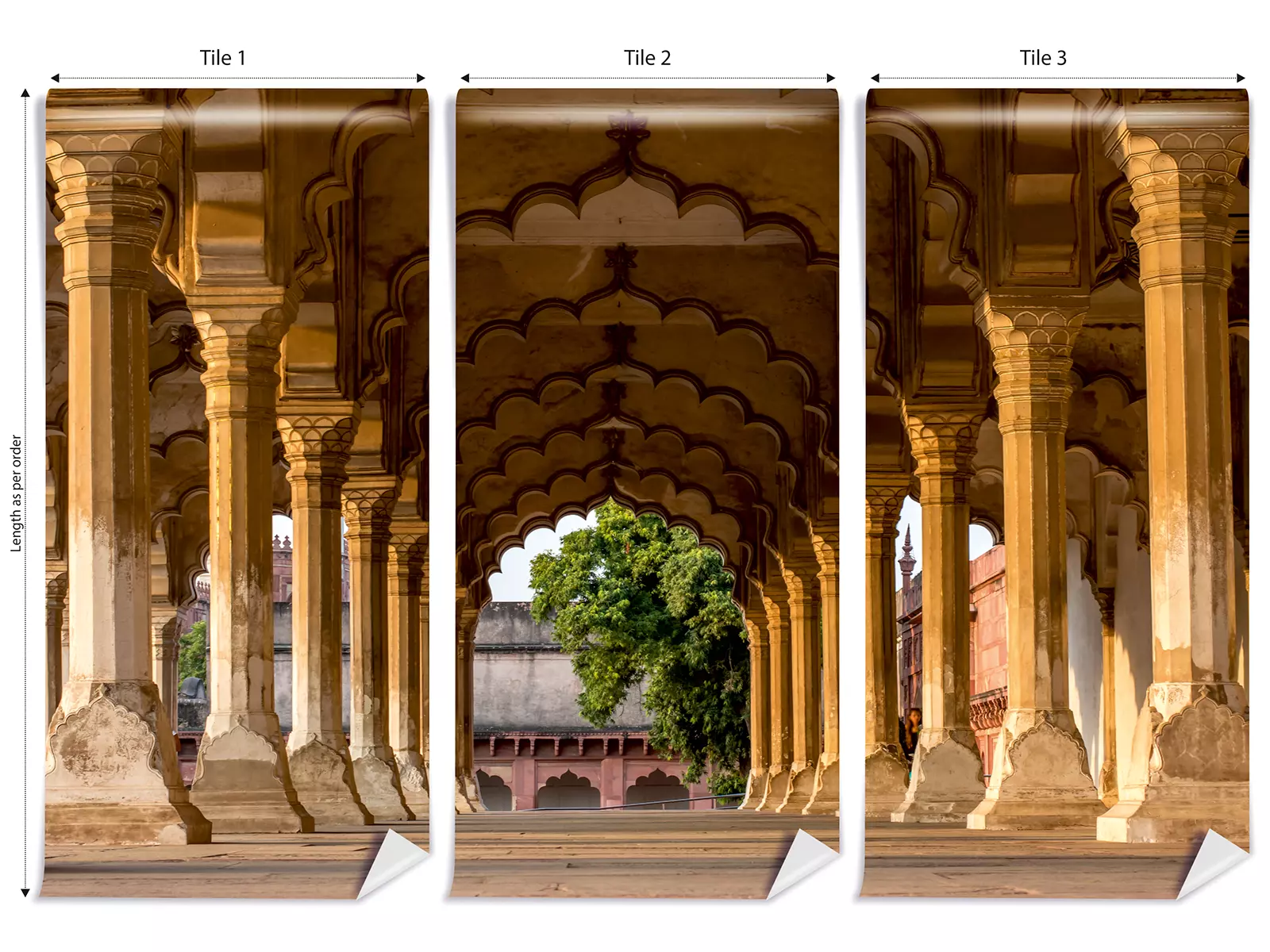 Room‑shot interior featuring a tile‑style print of ornate columns from a palace within Agra Fort, India, where the repeating Mughal‑era columns and arched niches are applied as a decorative wall pattern in a modern living space or hospitality setting.