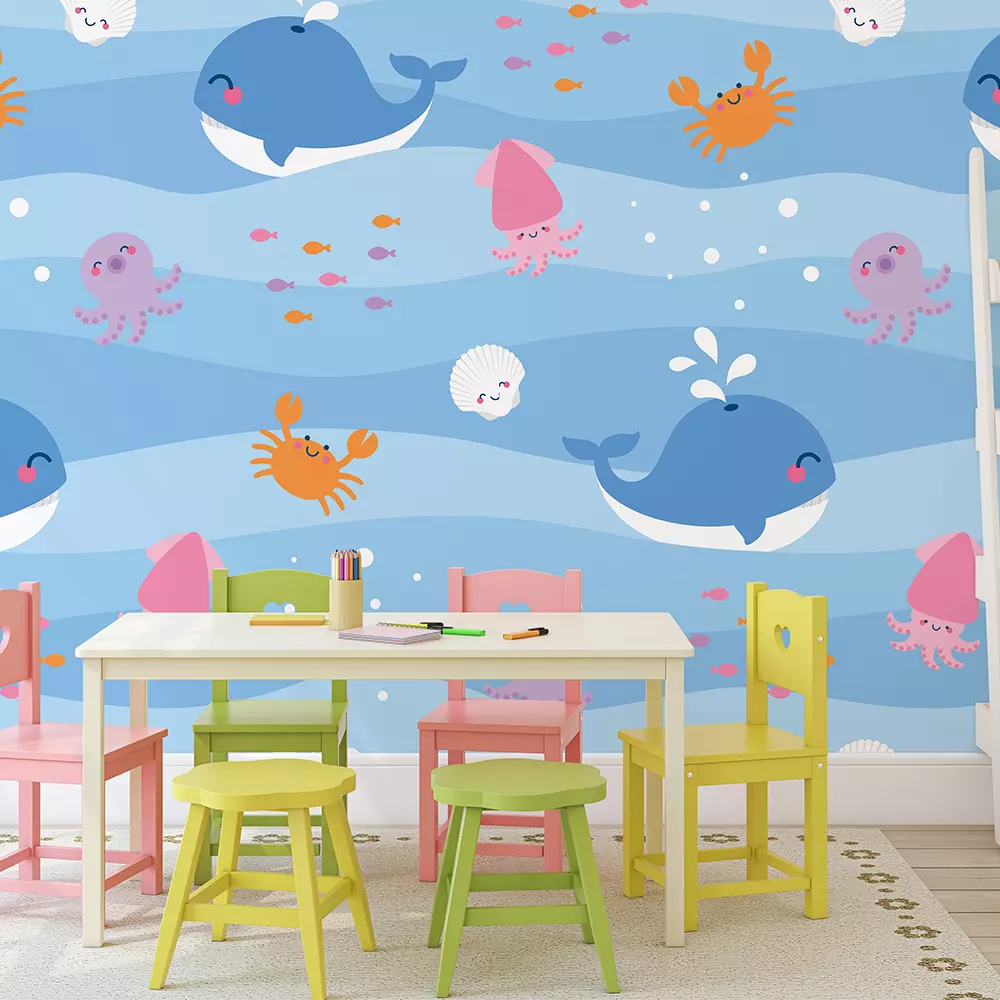 SMILING WHALES – Cute Sea Life Seamless Pattern on Wave Background