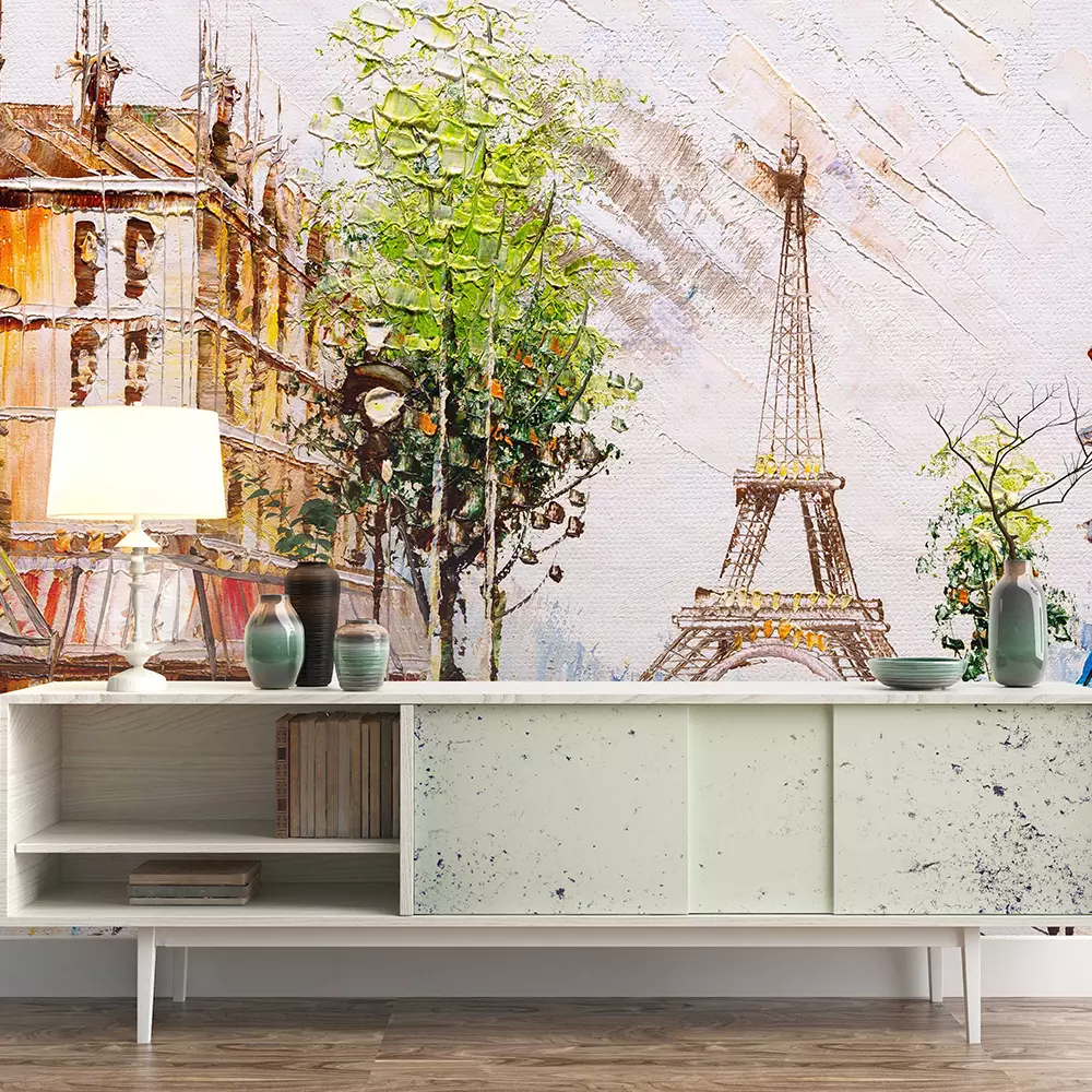 Paris in Oil Paint Wallpaper - Eiffel Tower Street Art Design