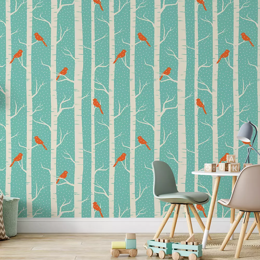 Winter Trees with Birds Wallpaper – Birch Forest Seamless Pattern