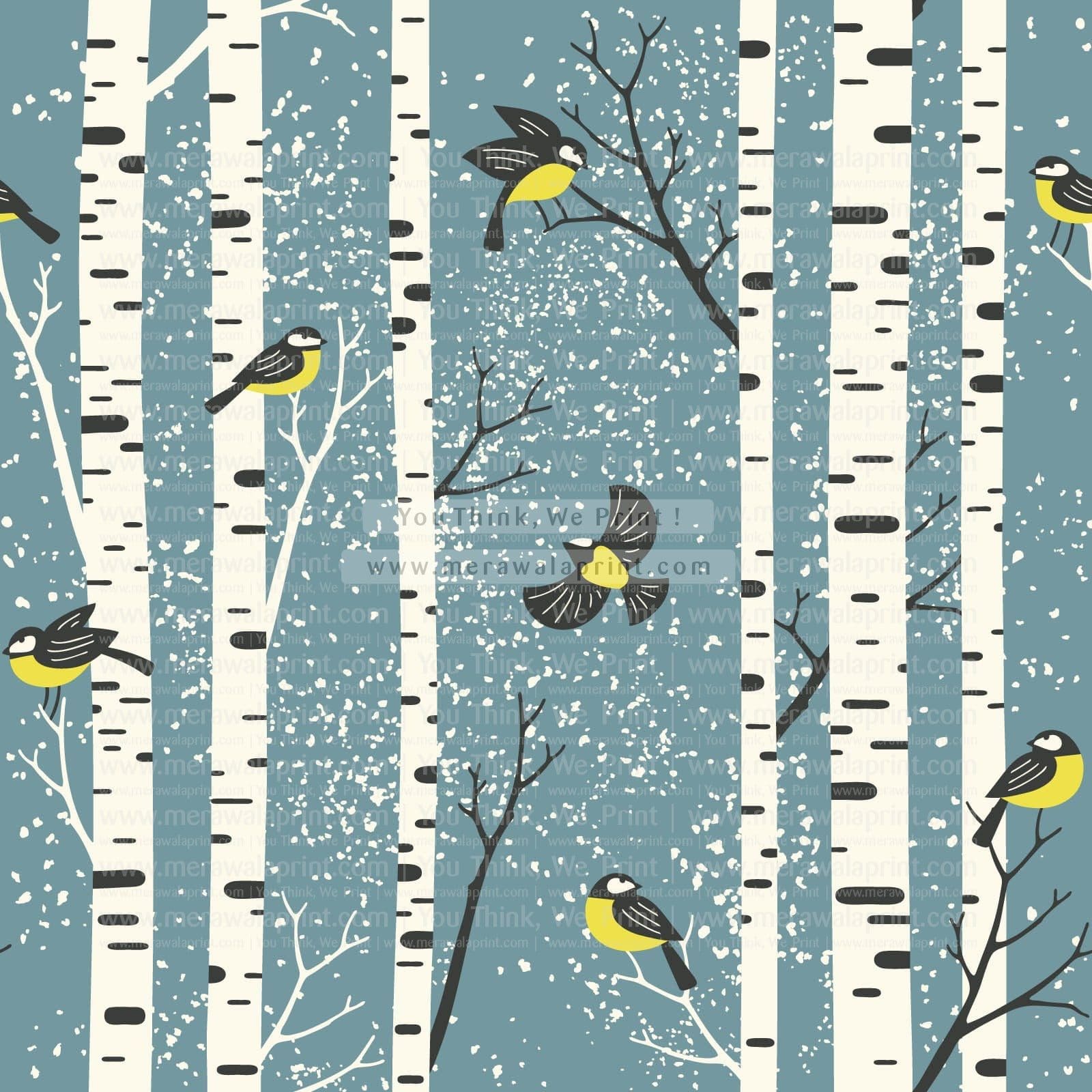 Snowy birch trees and birds on light blue background. Seamless vector pattern. Perfect Wall Covering for a large living room.