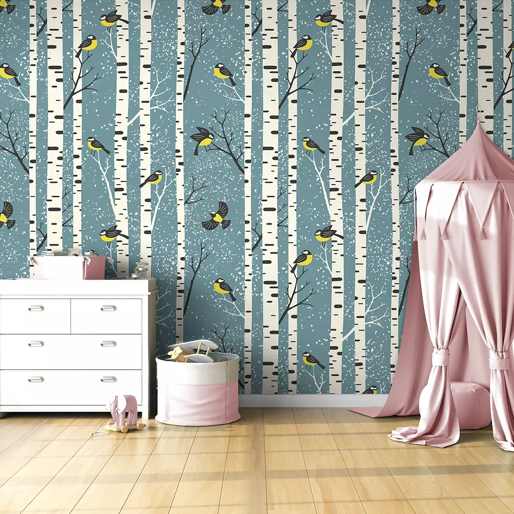 Birds in Snow Wallpaper – Snowy Birch Trees with Birds Seamless Pattern