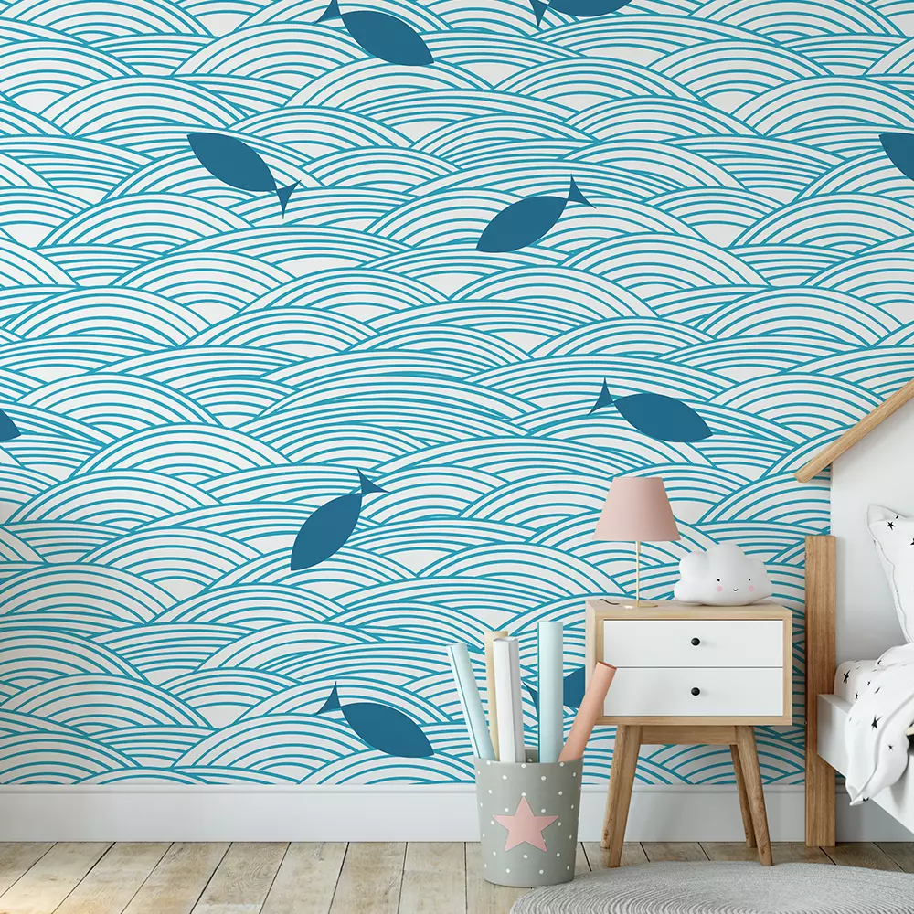 Ocean Waves Seamless Pattern - Abstract Fish Doodle Vector Wallpaper