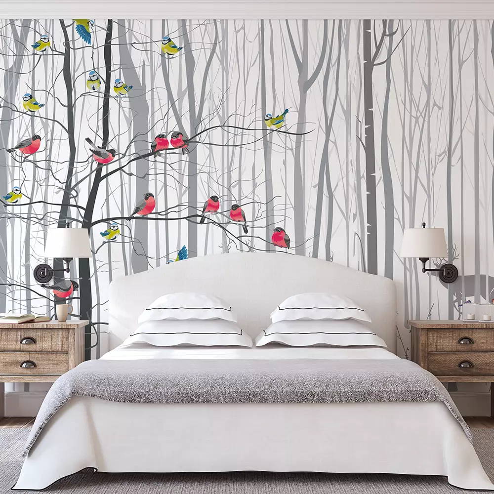 Winter Birds Wallpaper – Colorful Birds on Trees Winter Design
