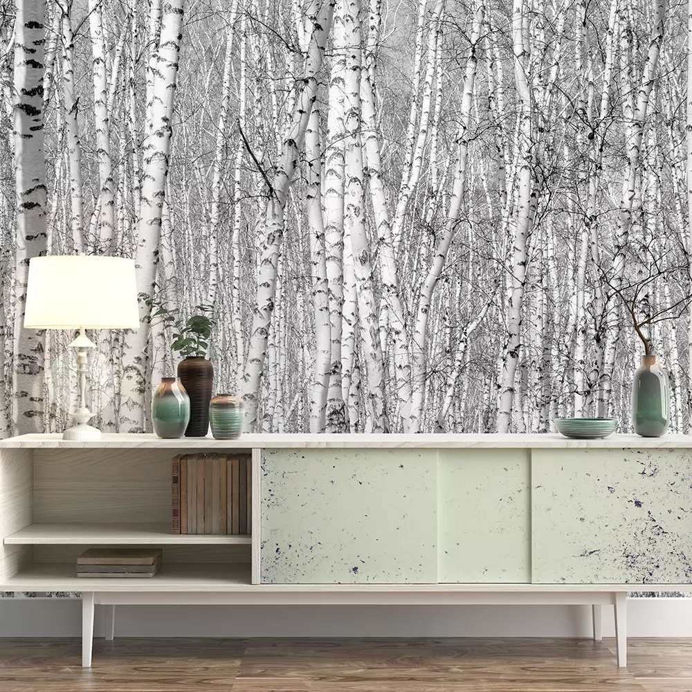 Striking black and white birch tree trunks close-up photo thumbnail, showcasing intricate bark textures and patterns – premium wallpaper art print by Mera Wala Print