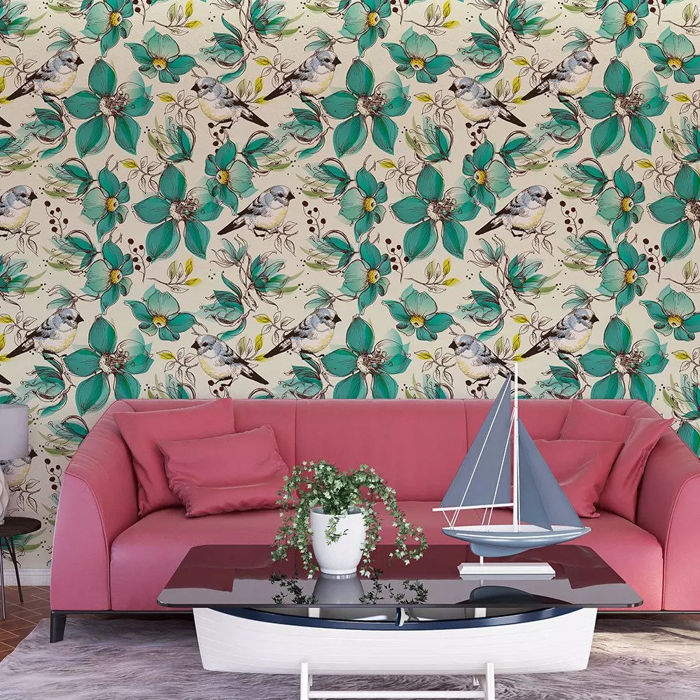 Bird with Green Flowers Wallpaper – Nature-Inspired Floral Bird Wall Covering