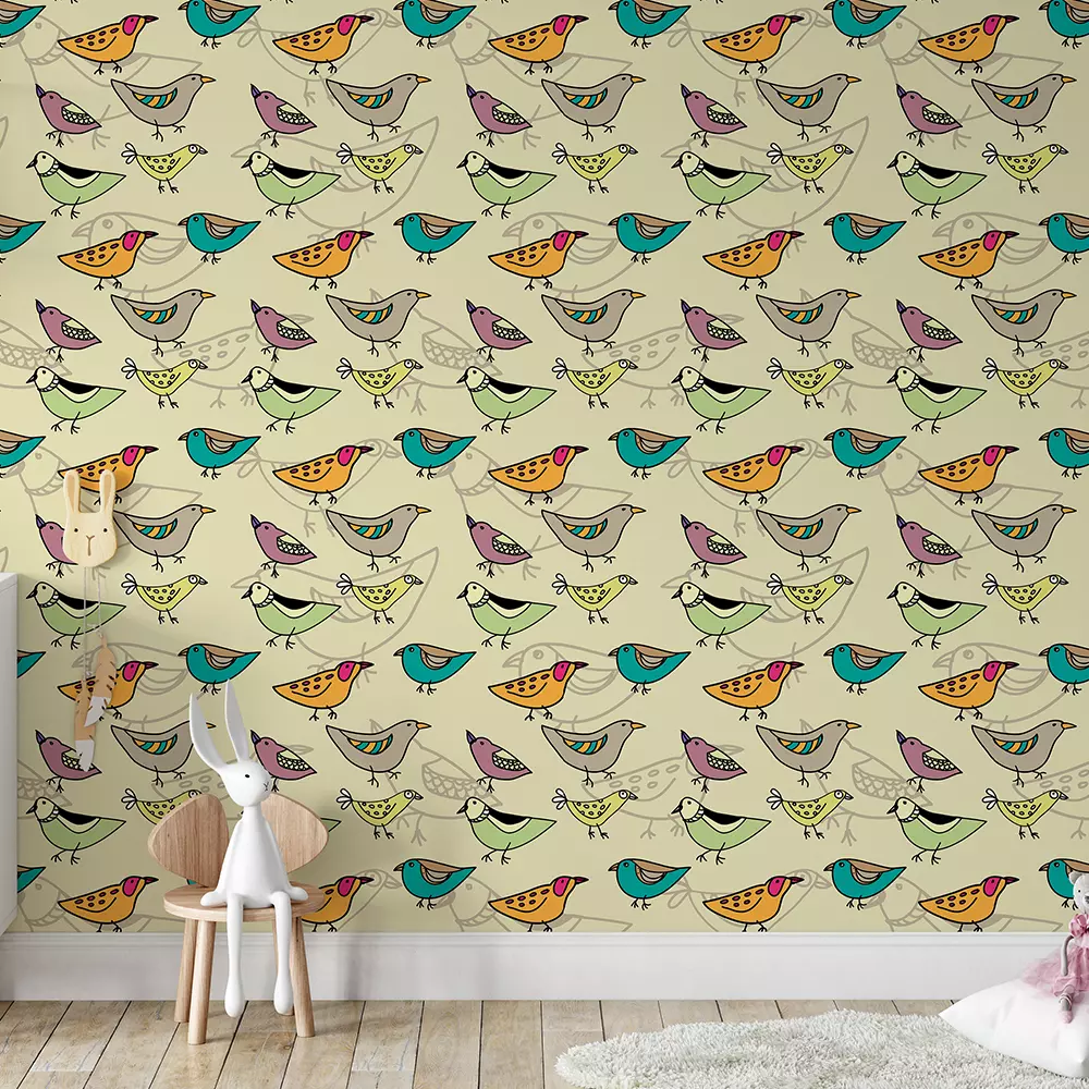 Funny Birds Wallpaper – Colorful Handmade Bird Pattern Design