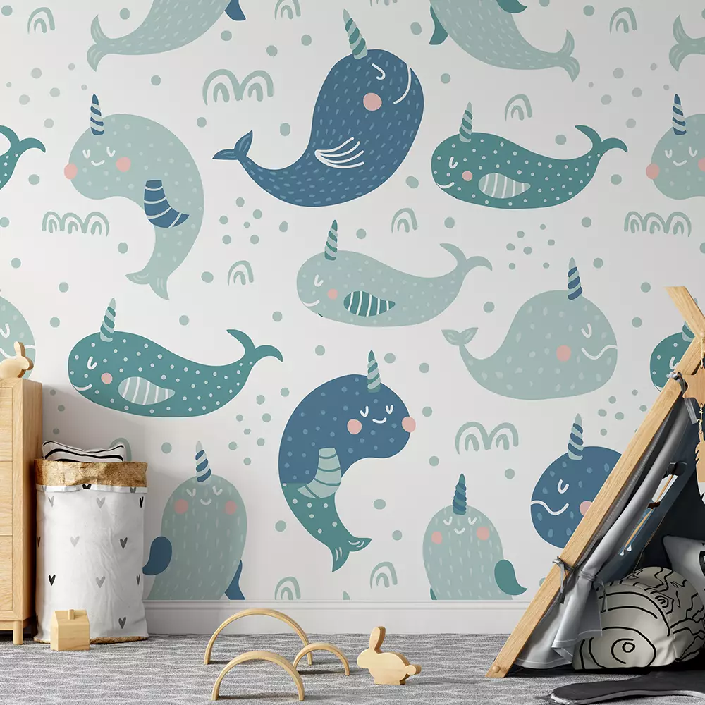 Unicorn Whales Seamless Pattern - Cute Fantasy Ocean Kids Wallpaper