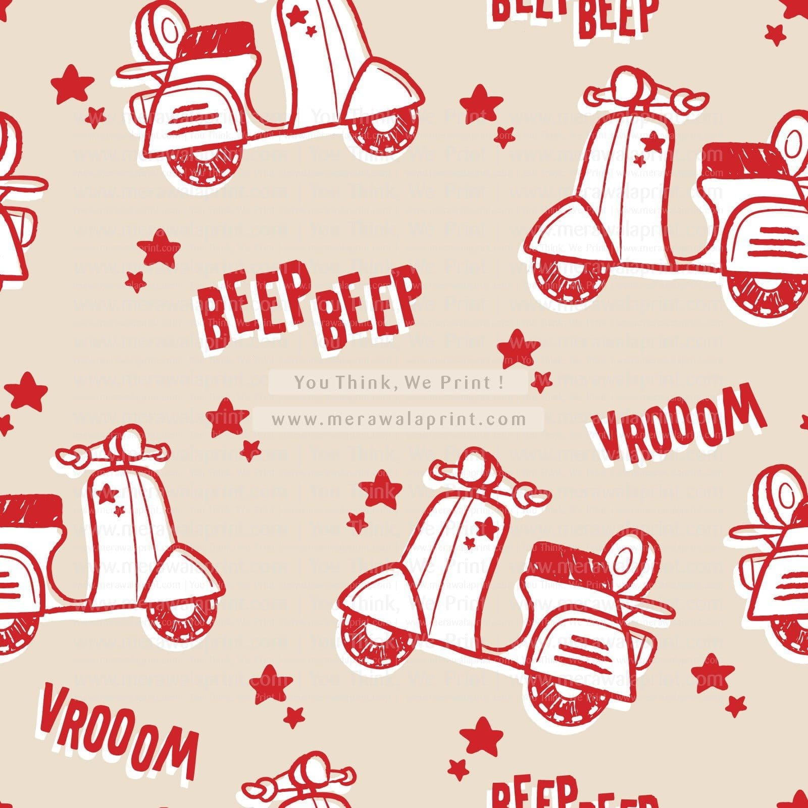 Seamless pattern of Retro Scooter with stars vrooming with beep beep.