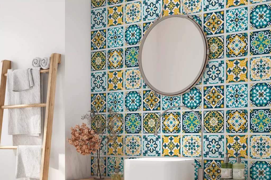 Decorative tile stickers creating a colorful patterned bathroom wall