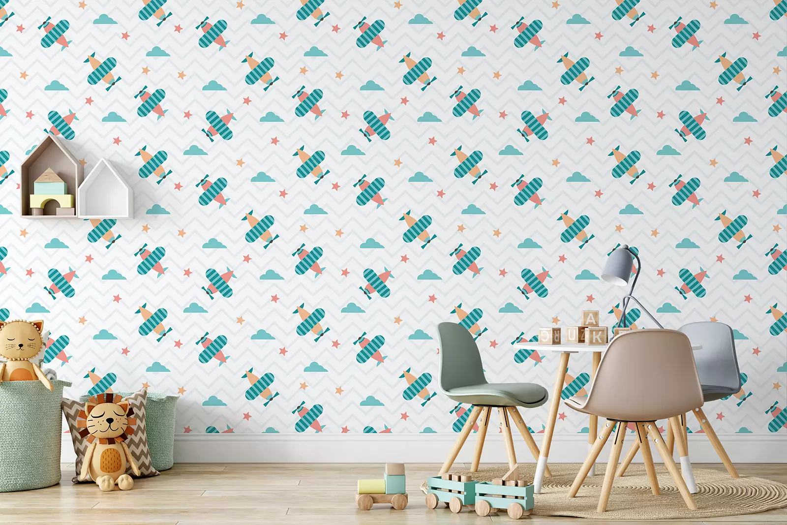 Kids seamless pattern with airplanes, stars and clouds.  1X