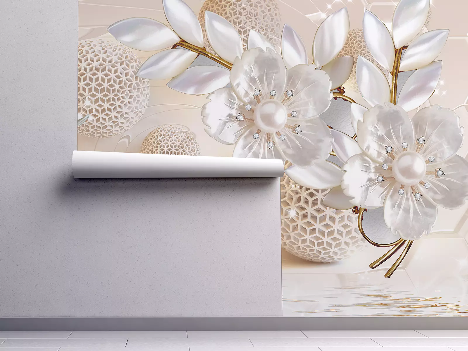 3D Absract Beautiful Flower. A serene floral background featuring delicate white flowers against a soft, muted backdrop. merawalaprint. mera wala print