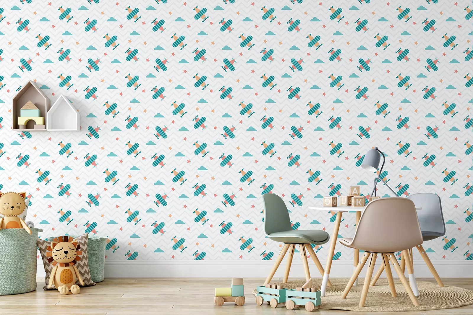 Kids seamless pattern with airplanes, stars and clouds.  3X