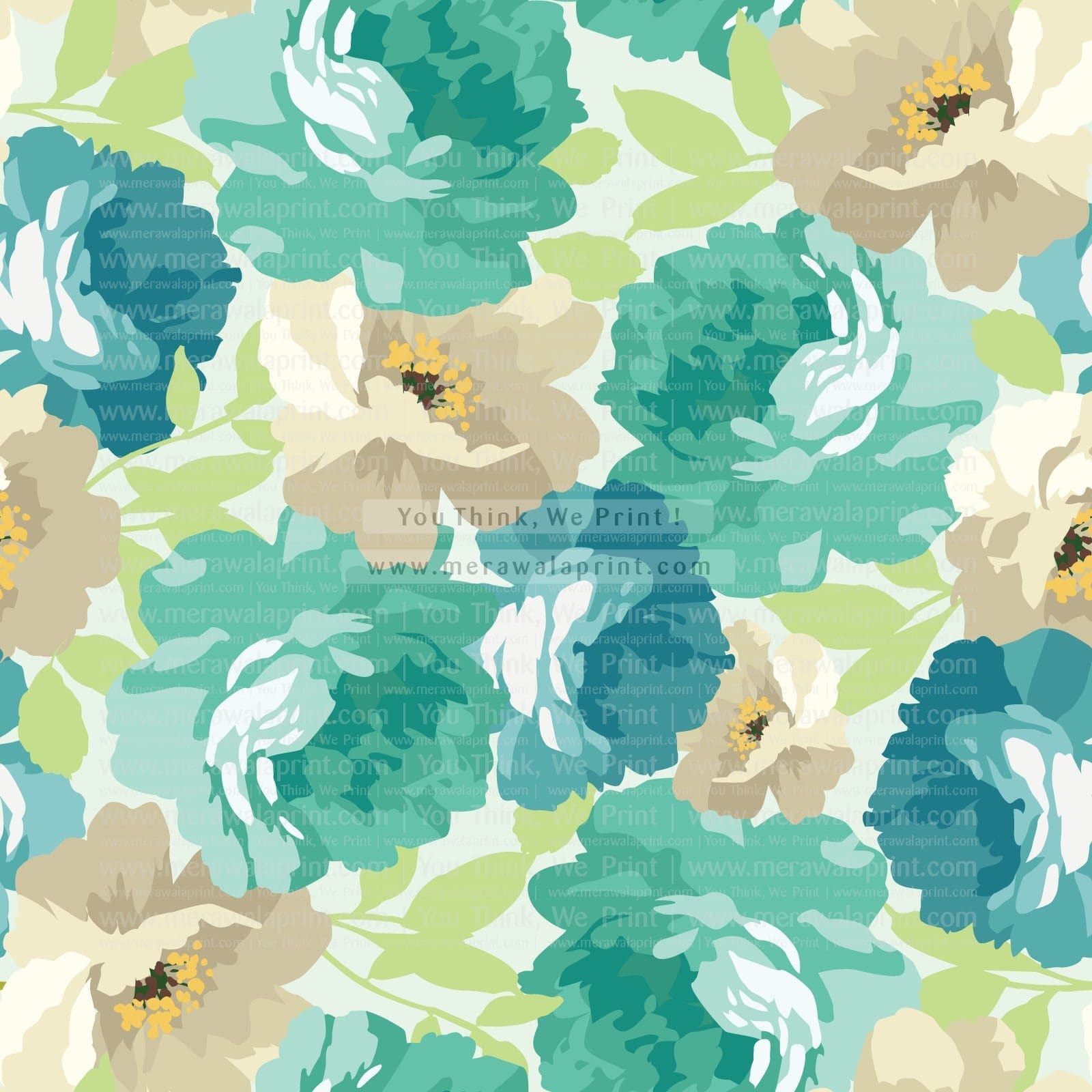 Digitally created floral seamless pattern with green and khaki flowers.