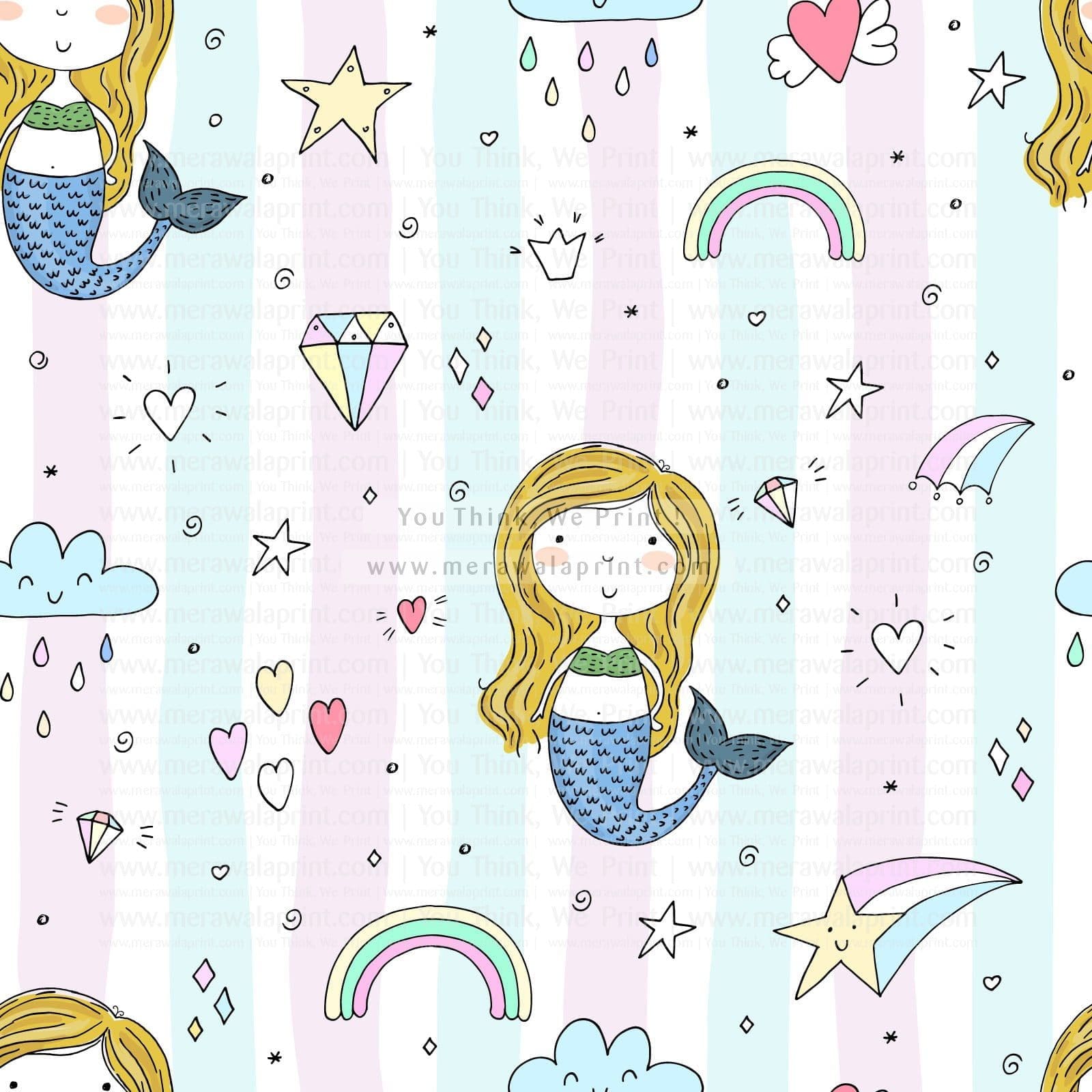 Seamless pattern with Hand drawn little mermaid with diamonds, rainbow, clouds & stars for the girls in your home.