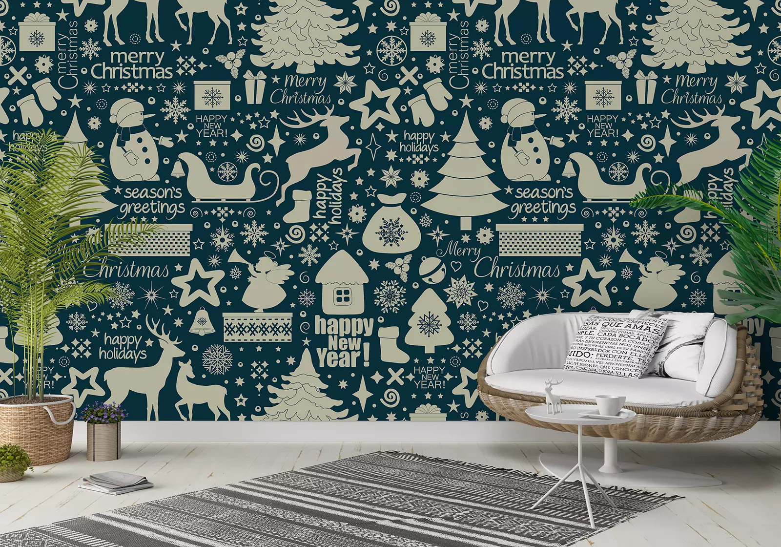 Christmas seamless pattern with holiday inscriptions and elements on blue background