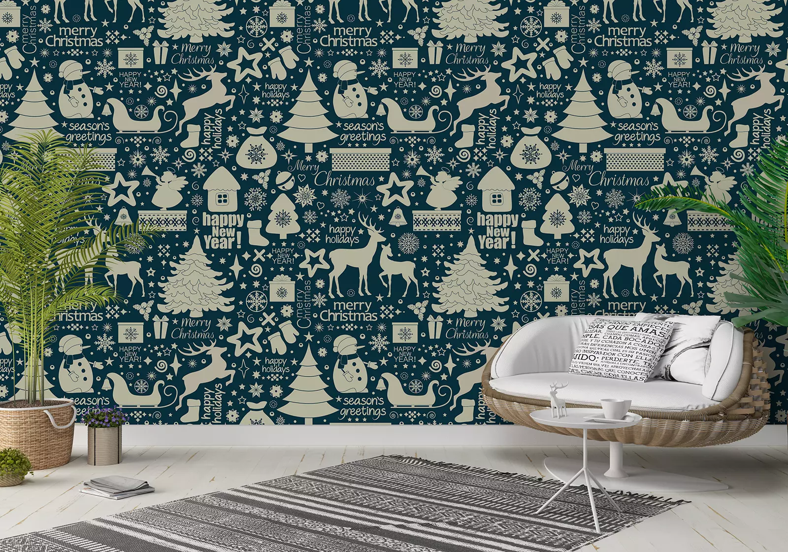 Christmas seamless pattern with holiday inscriptions and elements on blue background