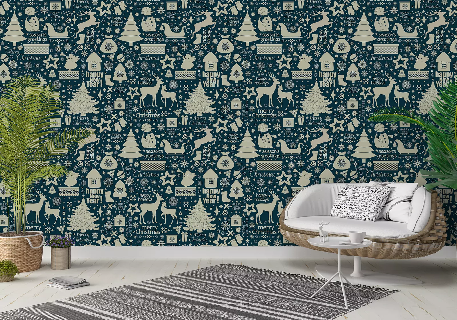Christmas seamless pattern with holiday inscriptions and elements on blue background