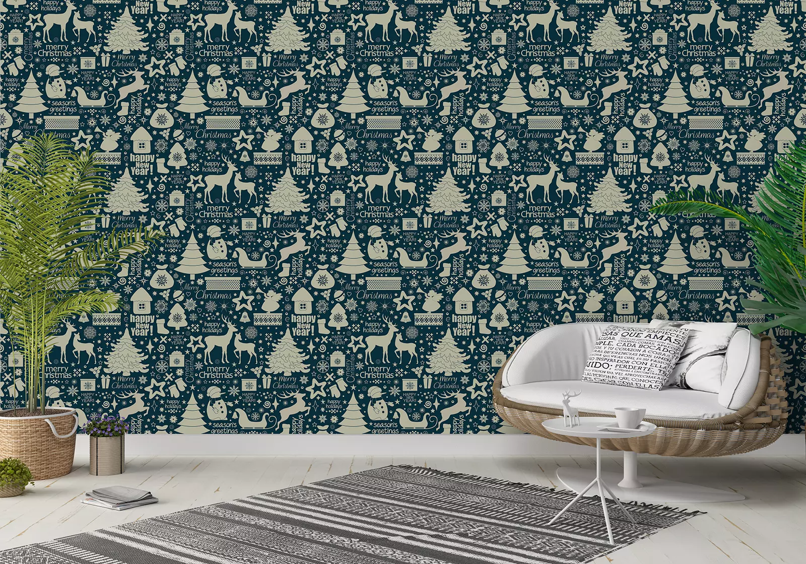 Christmas seamless pattern with holiday inscriptions and elements on blue background
