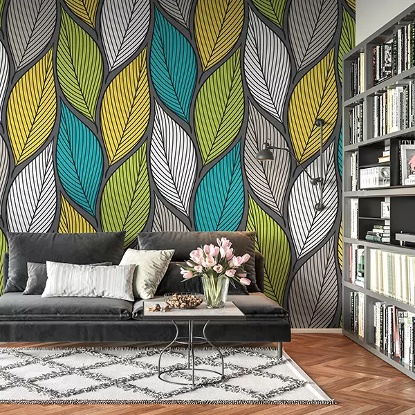 Stylized wallpaper pattern featuring a vertical tree and cascading leaves against a soft background, designed as a nature‑inspired, leafy‑motif wall décor print suitable for living rooms, cafes, or hospitality spaces via Mera Wala Print.