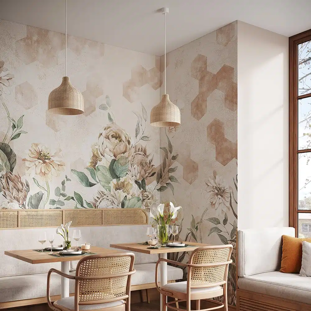 3D cafe interior visualization with custom wall covering