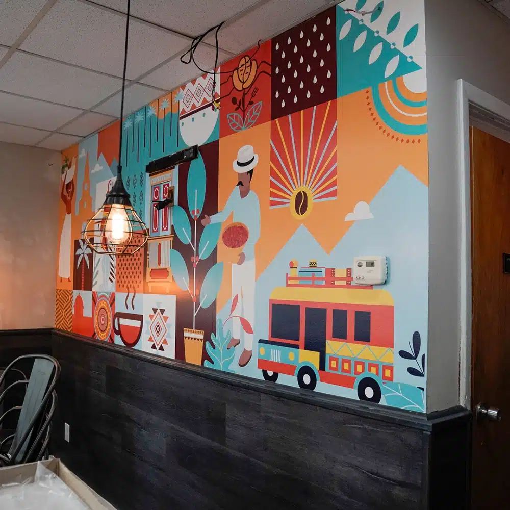 Colorful custom wall covering in a cafe interior