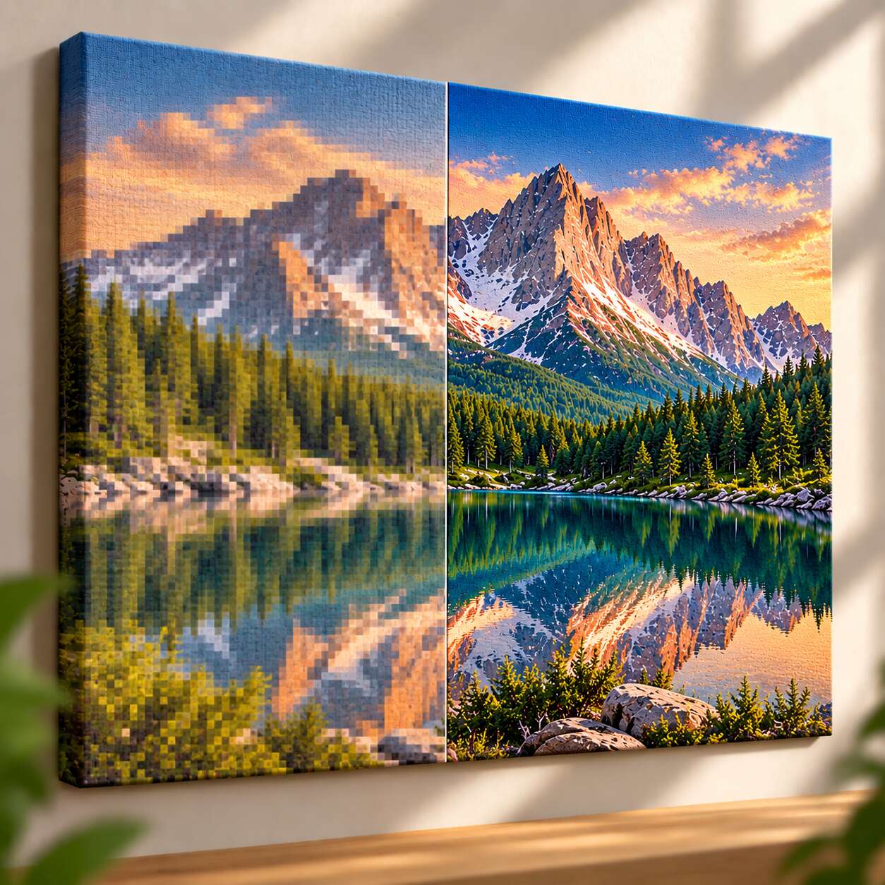 Comparison of a pixelated canvas print and a sharp high-resolution canvas print